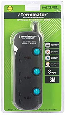 3 Way Black Universal Power Extension Socket - Terminator (Black)