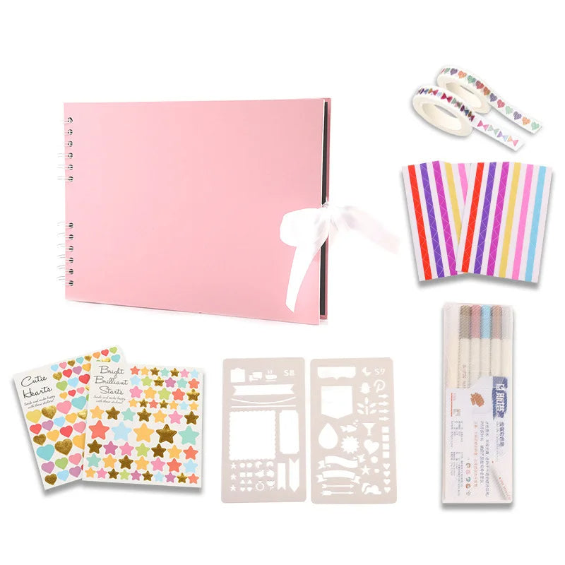 80 Pages Scrapbook Photo Album DIY Handmade Album Scrapbook Set with Metallic Markers, Craft Paper Stickers Artboards - Pink