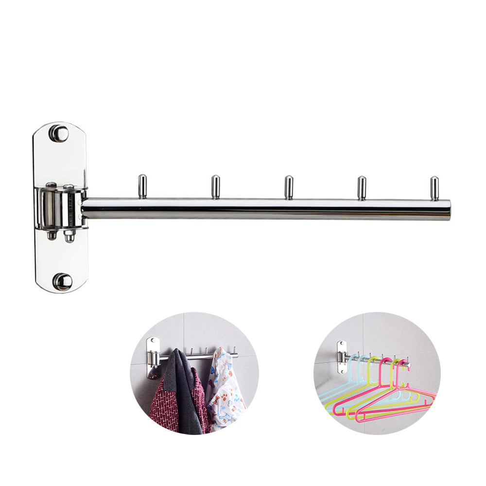 180 Degree Rotatable Clothes Hanger [ Coat Hanger ] Stainless Steel Cloth Hanger Wall Mount [ 5 Hooks ] for Bathroom, Bedroom, Laundry Room - Silver