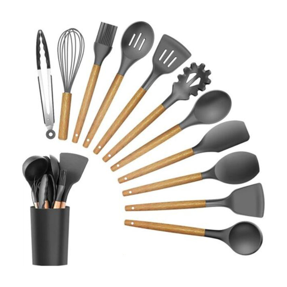 11 Pieces Silicone Wooden Kitchen Set [ Cooking Set / Baking Set ]  Grey