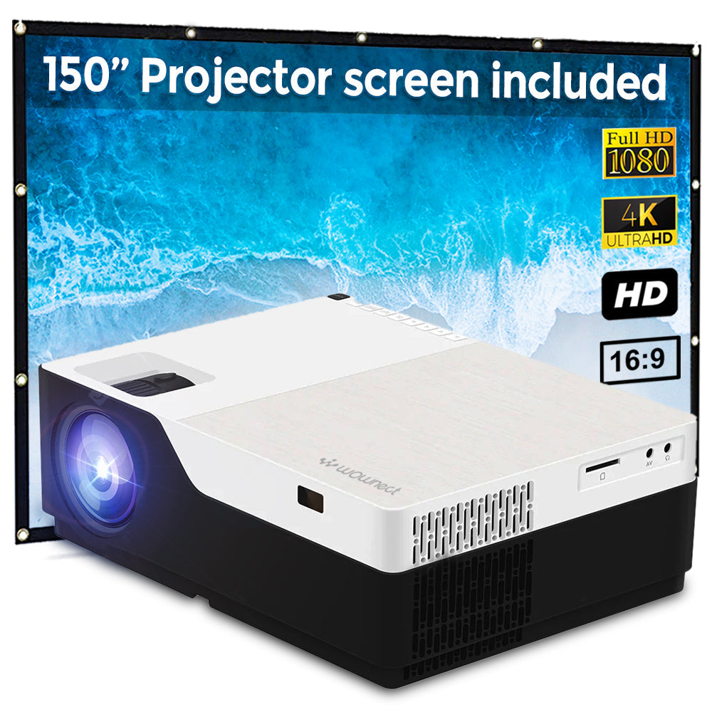 Full HD LED Projector 1080, 5500 Lumens Mobile Mirroring Via HDMI Cable, Office Presentation or Home Theater Included 150" Projection Screen