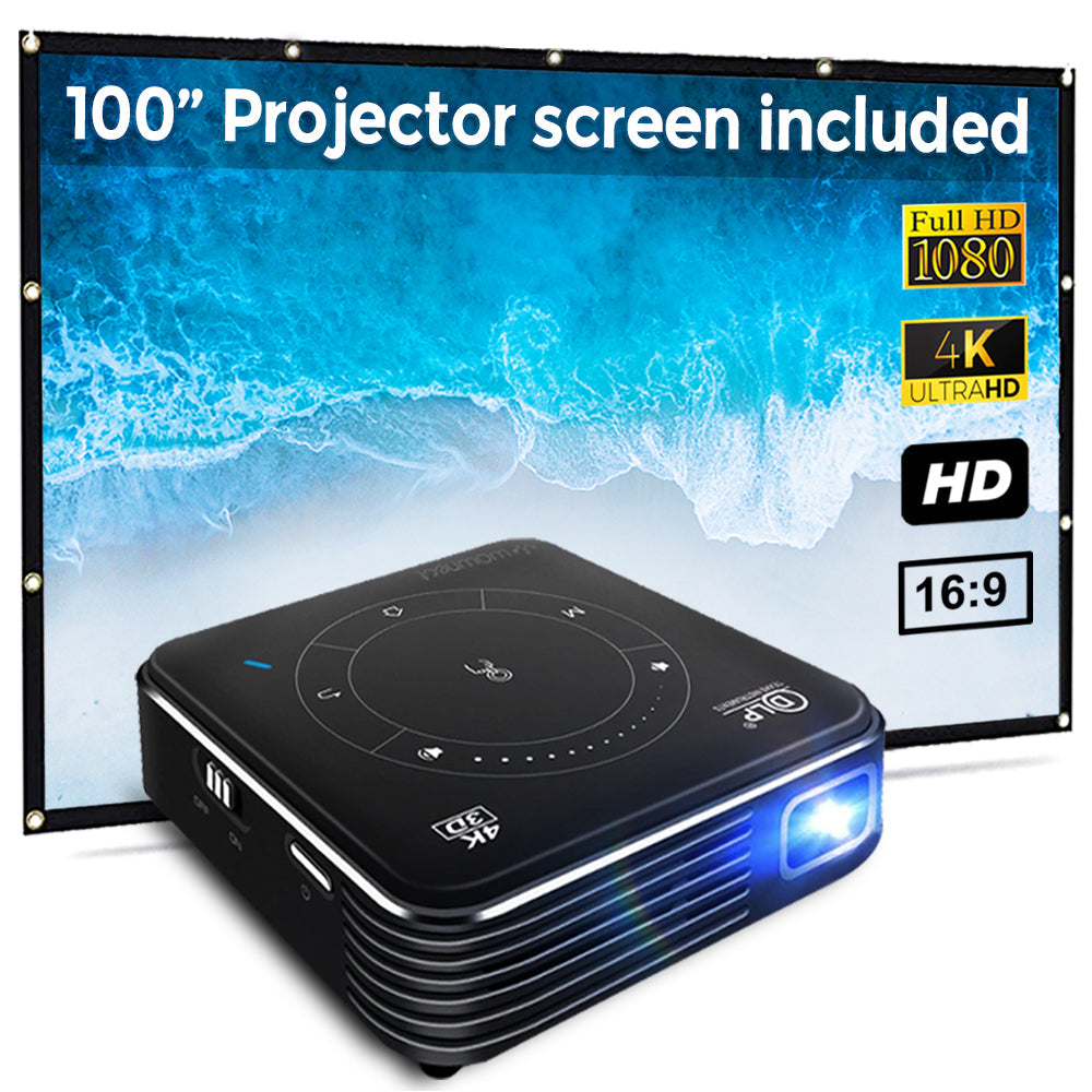 P11 Mini DLP Pocket Projector [4GB RAM 32GB ROM] 50 ANSI Lumens 4K Android Projector 3D [Screen Size 30-120"] Included 100" Projection Screen