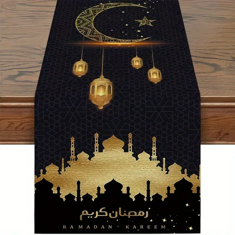 1pc Eid Mubarak Mosque Muslim Golden Moon Burlap Table Runner 33.02 X 182.88 Cm