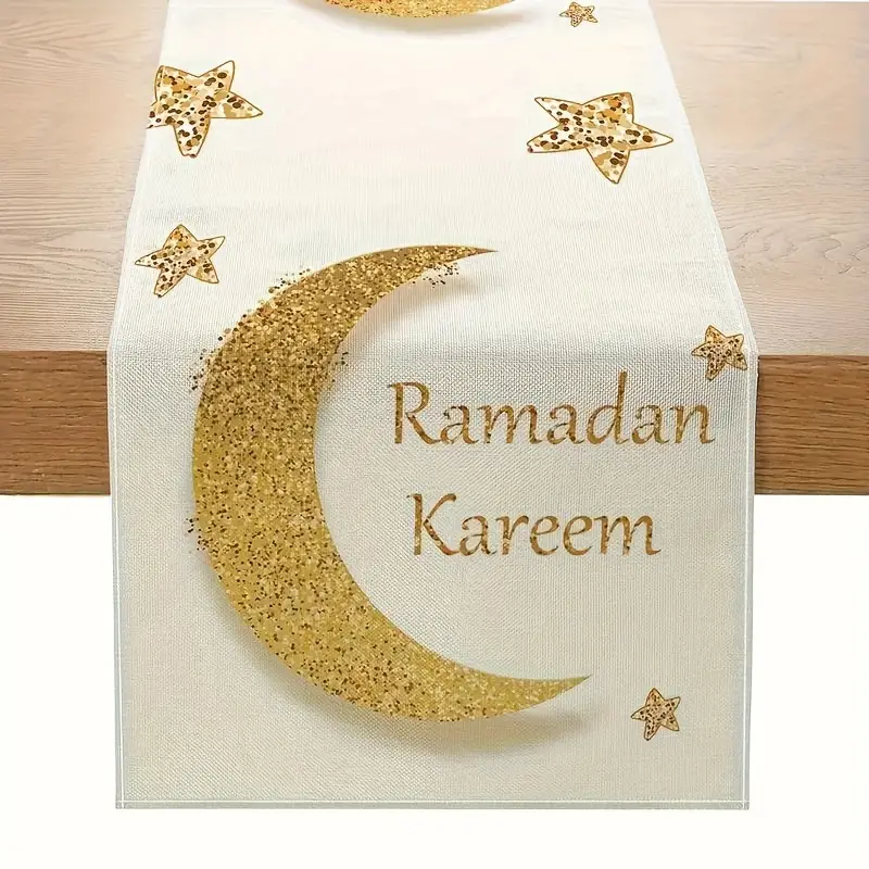 1pc, Ramadan Burlap Table Runner, Moon Star Print with Ramadan Kareem Print 33.02 X 182.88 Cm