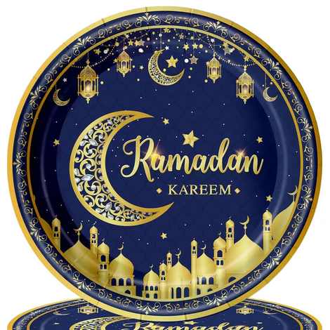 24 pcs Ramadan Kareem Plates, Blue, Gold 7inch