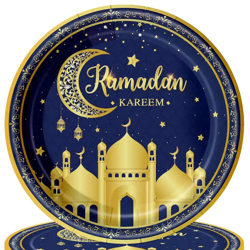 24 pcs Ramadan Kareem Plates Blue, Gold 9 inch