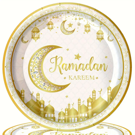 24pcs 7 inch Ramadan Kareem Plates, White, Gold