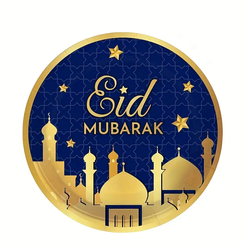 8pcs Eid Mubarak Large Plates, Blue/ Gold