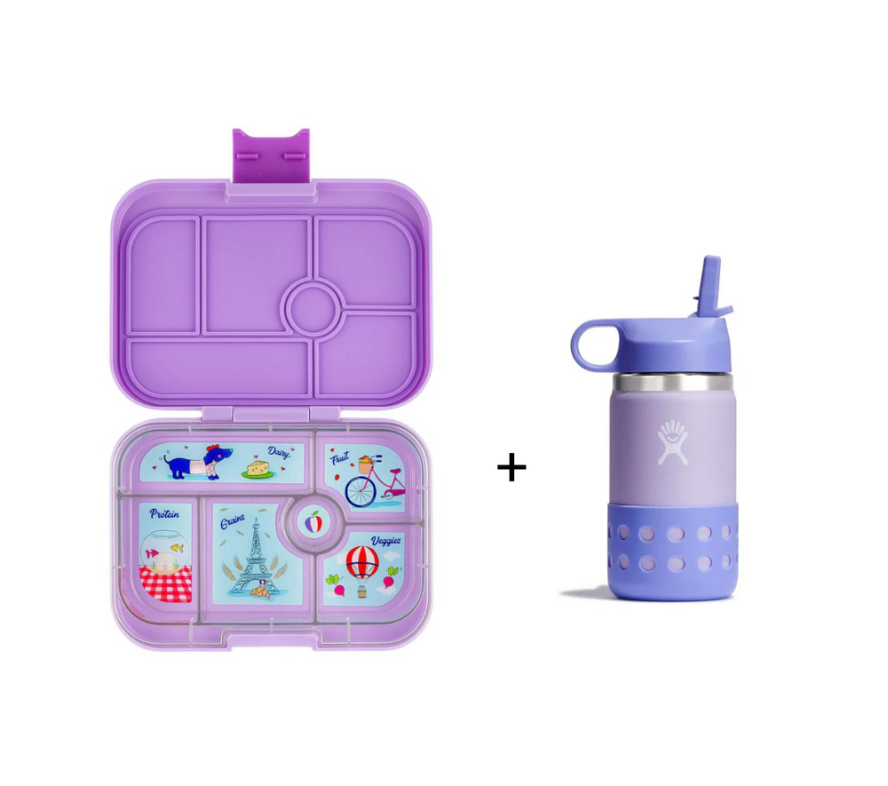 Yumbox Original Leakproof 6-Compartment Bento Box - Lulu Purple + Hydro Flask Kids Bottle Wide Mouth 350ml