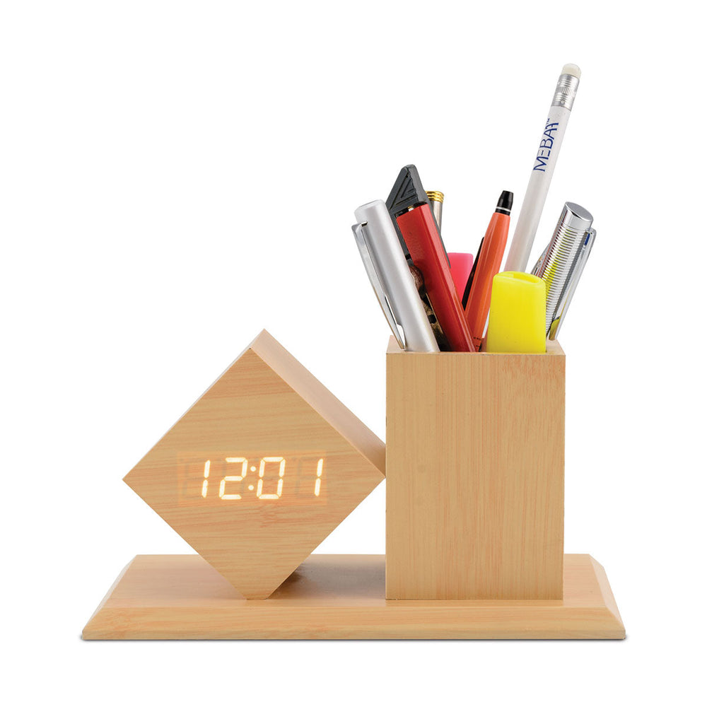 Wooden Clock With Pen Pot Style – 1