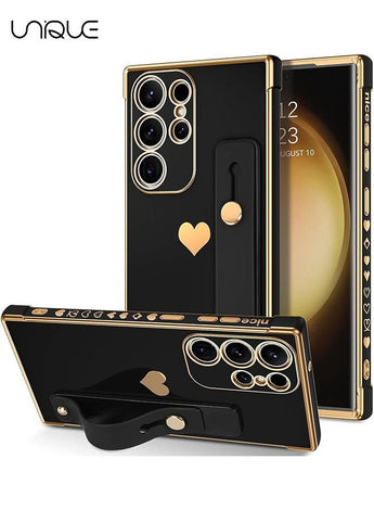 Compatible Samsung Galaxy S23 Ultra 5G Enclosure with Finger Strap Luxury Cute Heart Electroplating Phone Case Full Body Protection Stand Cover for Galaxy S23 Ultra 5G 2023 Female Girl - Black