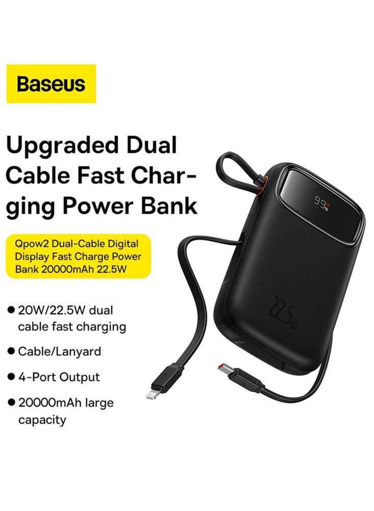 20000 mAh Portable Charger Power Bank 22.5W 20000mAh Fast Charging Portable Phone Charger With Built In Lightning And USB C Output Cable LED Display Battery Pack For iPhone Samsung Android Pixel iPad Black