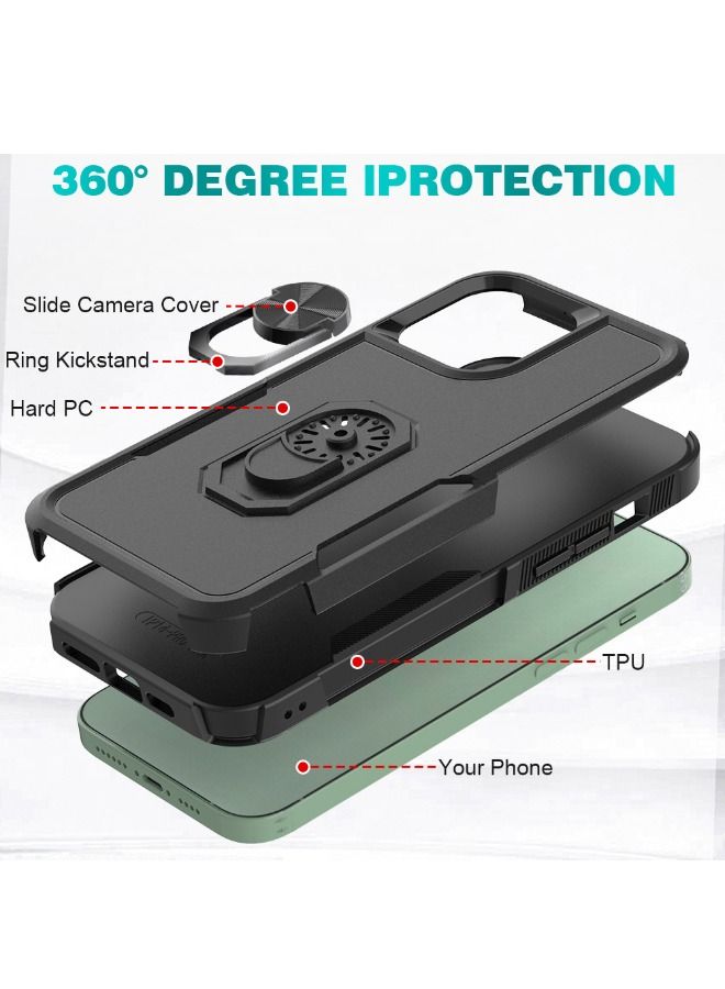 iPhone 15 Pro Max Case, Military Grade Dual Layer Anti-Fall Heavy Duty Shockproof Full Body Protective Phone Cover, Built in 360° Rotatable Magnetic Ring Holder for Apple iPhone 15 Pro Max(Black)