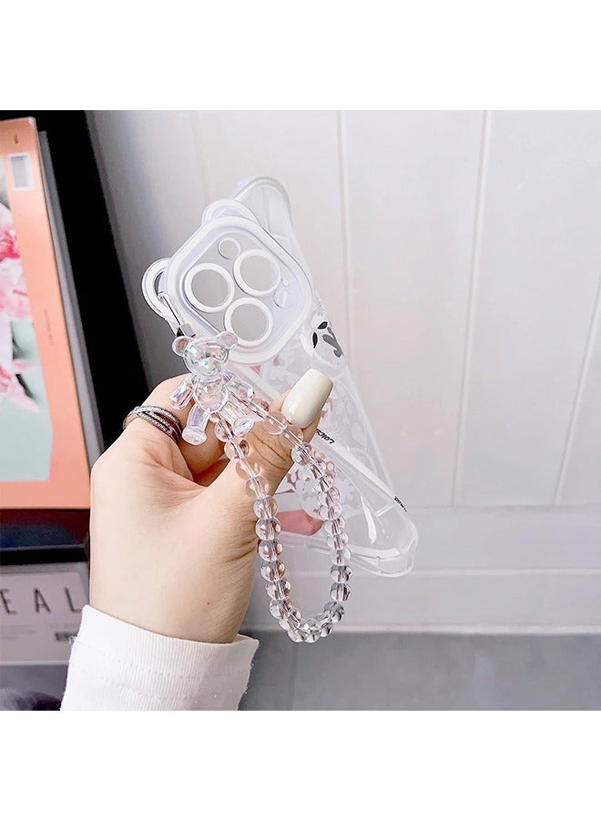 Compatible with iPhone 15 Pro Max Case, Cute Flowers Bear Camera Protector Clear Case Cover with Lovely Strap Bracelet Chain Girls Women Case for iPhone 15 Pro Max