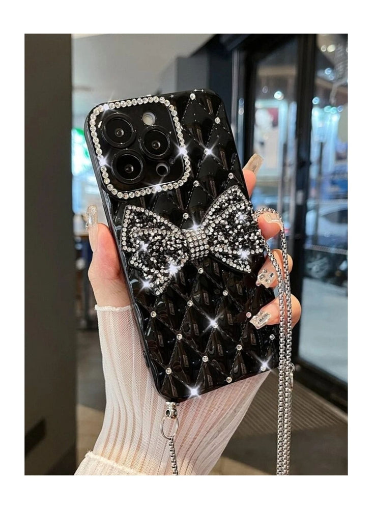 Black color Rhinestone decor diamond phone case with lanyard for iphone 13pro max Women and Girls Fashion Luxury Bling Glitter