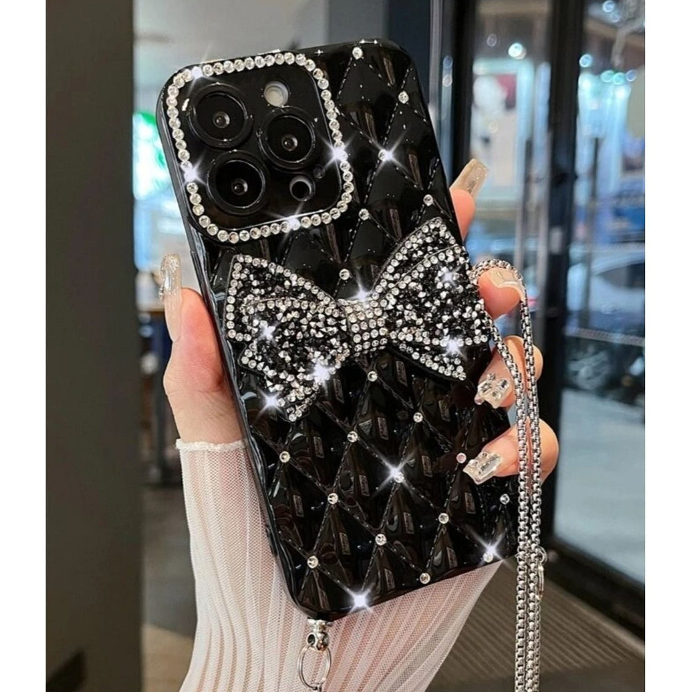 Black color Rhinestone decor diamond phone case with lanyard for iphone 13pro max Women and Girls Fashion Luxury Bling Glitter