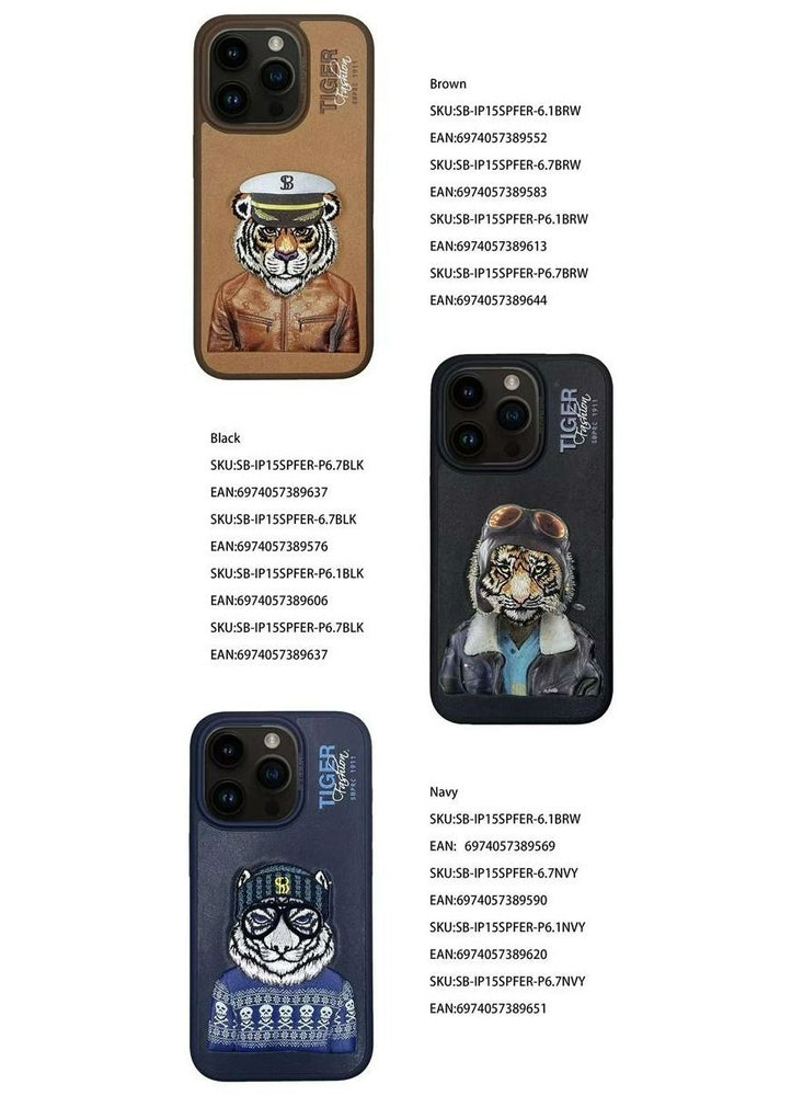 Fergus Tiger Series Leather Phone Case with 3D Rises Letters and Embroidery Design for iPhone 15 Pro Max- Black