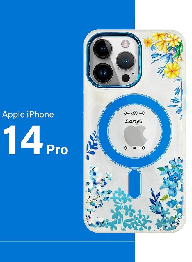 Case for Apple iPhone 14 PRO Romantique Floral Design Fashion Flower Compatible with MagSafe & Wireless Charging Cover BLUE