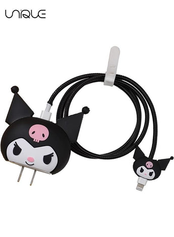 3D Cute Cartoon Charger Protector Case - Compatible for Apple 18/20W USB-C Power Adapter and Lightning Cable (Black )