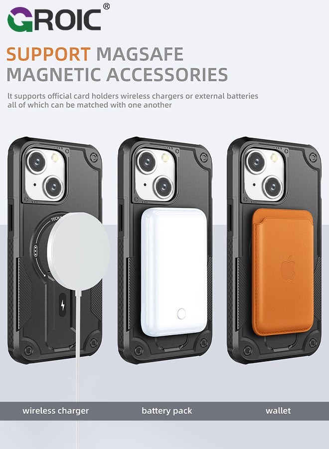 Case for iPhone 15 6.1 Inch Case with 1 Pack Camera Lens Protector, Built-in Stand [Compatible with MagSafe] Shockproof Vertical and Horizontal Kickstand Phone Case for iPhone 15