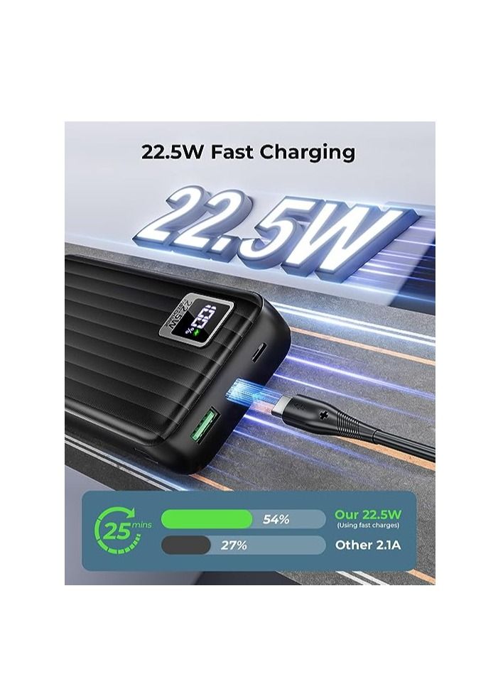 10000 mAh 22.5W Fast Charging Power Bank With LED Digital Display 1 USB C 1 USB A and 1 Micro USB Ports Charge up to 3 devices Works With Iphone Android and All other Devices - Black