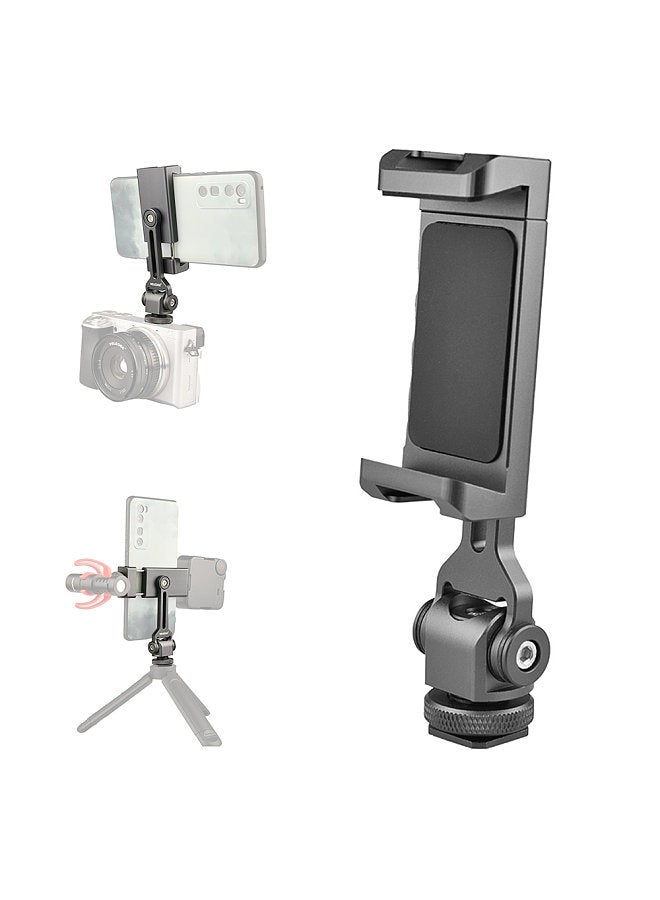 VELEDGE Aluminum Alloy Phone Holder Clamp Phone Tripod Mount 360° Rotatable with Dual Cold Shoe Mounts for Smartphone Vlog Selfie Live Streaming Video Recording