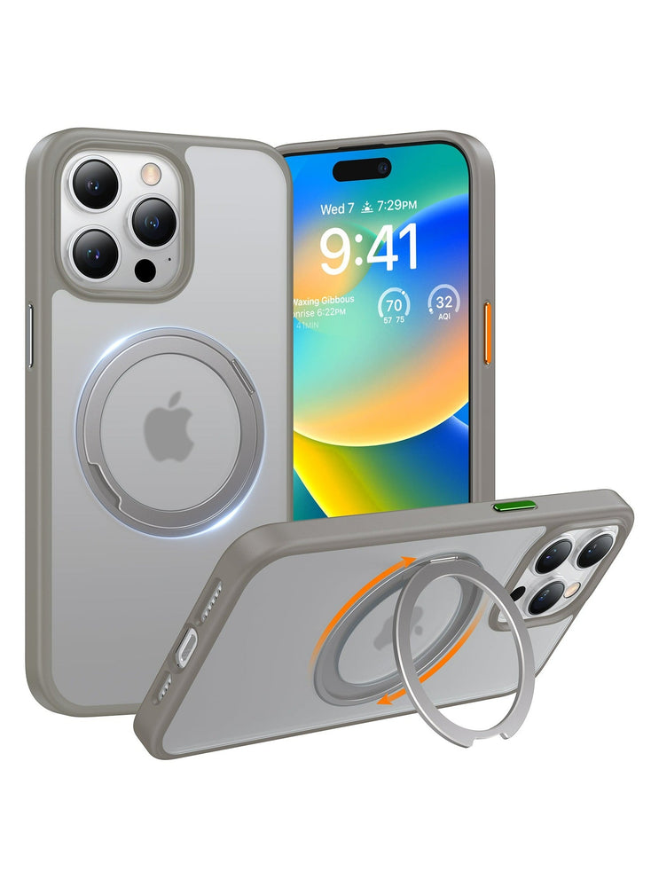 360°Rotatable Magnetic Ring for iPhone 15 Pro Max Case, Compatible with MagSafe with Stand & Ring Holder, Military Grade Shockproof Translucent Back Phone Case Ostand R, Grey Titanium