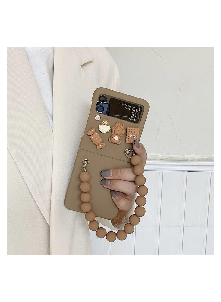 Samsung Galaxy Z Flip 4 Case, 3D Cute Candy Bear Toys Bracelet Phone Cases, Hard Cover Hand Chain Shell Wristband, Anti-Fall Protective Phone Cover, Brown