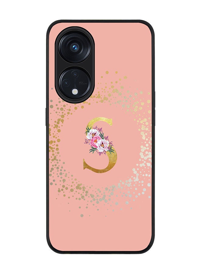 Rugged Black edge case for Reno 8T 5G / Oppo A1 Pro 5G Slim fit Soft Case Flexible Rubber Edges Anti Drop TPU Gel Thin Cover - Custom Monogram Initial Letter Floral Pattern Alphabet - S (Rose Pink)