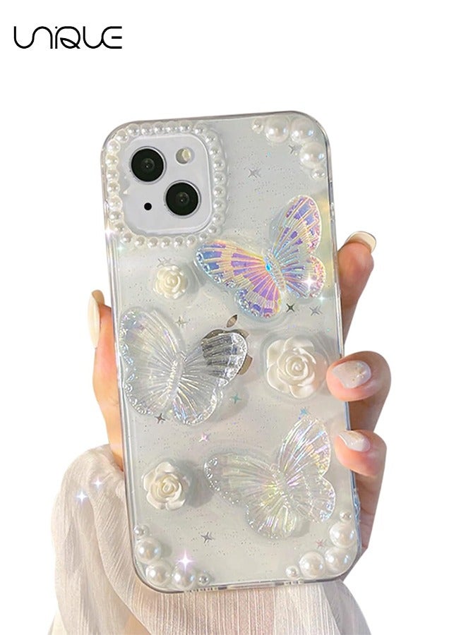 Compatible with iPhone 15 Clear Case 3D Butterfly with Aesthetic Rose Floral  Shiny Girly Phone Case for Women Girls Soft TPU Cover,Clear