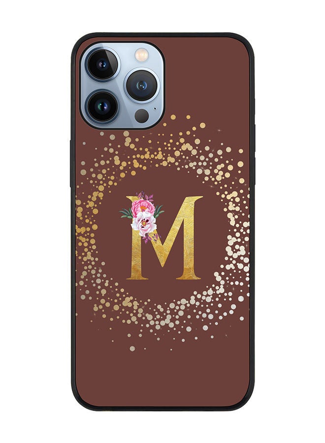 Rugged Black edge case for Apple iPhone 13 Pro Max Slim fit Soft Case Flexible Rubber Edges TPU Gel Thin Cover - Custom Monogram Initial Letter Floral Pattern Alphabet - M (Brown)