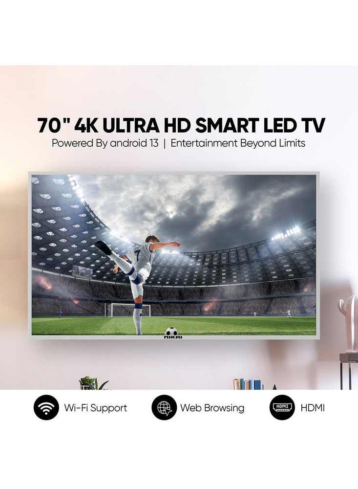 70 Inch Smart LED TV, Frameless Design, Built-In Wi-Fi, Smart Apps Shahid, YouTube, Netflix, Amazon, HDMI And USB Connectivity, Quad-Core, 1GB RAM, 8 GB Memory, Auto Power Off UHD70SLED Silver/Black