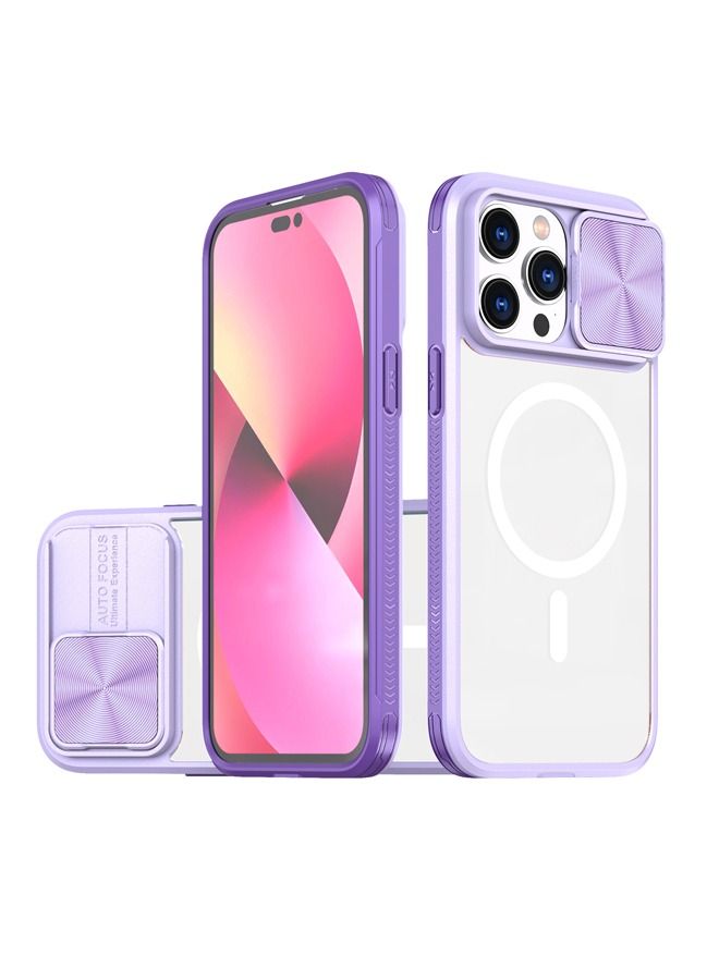 Case for iPhone 14 Pro Max Compatible with Magsafe with Camera Cover Slide,Military Grade Shock Resistant Heavy Duty Clear Hard Back Protective Case (Purple)