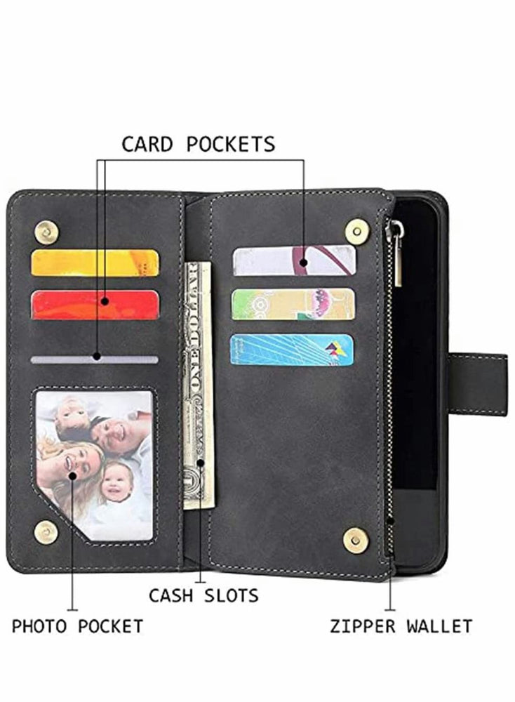 Case for Samsung S21 FE 5G Wallet Case with Card Slot Premium Soft PU Leather Zipper Flip Folio Wallet with Wrist Strap Kickstand Protective for Samsung Galaxy S21 FE Case 6.4 inch Black