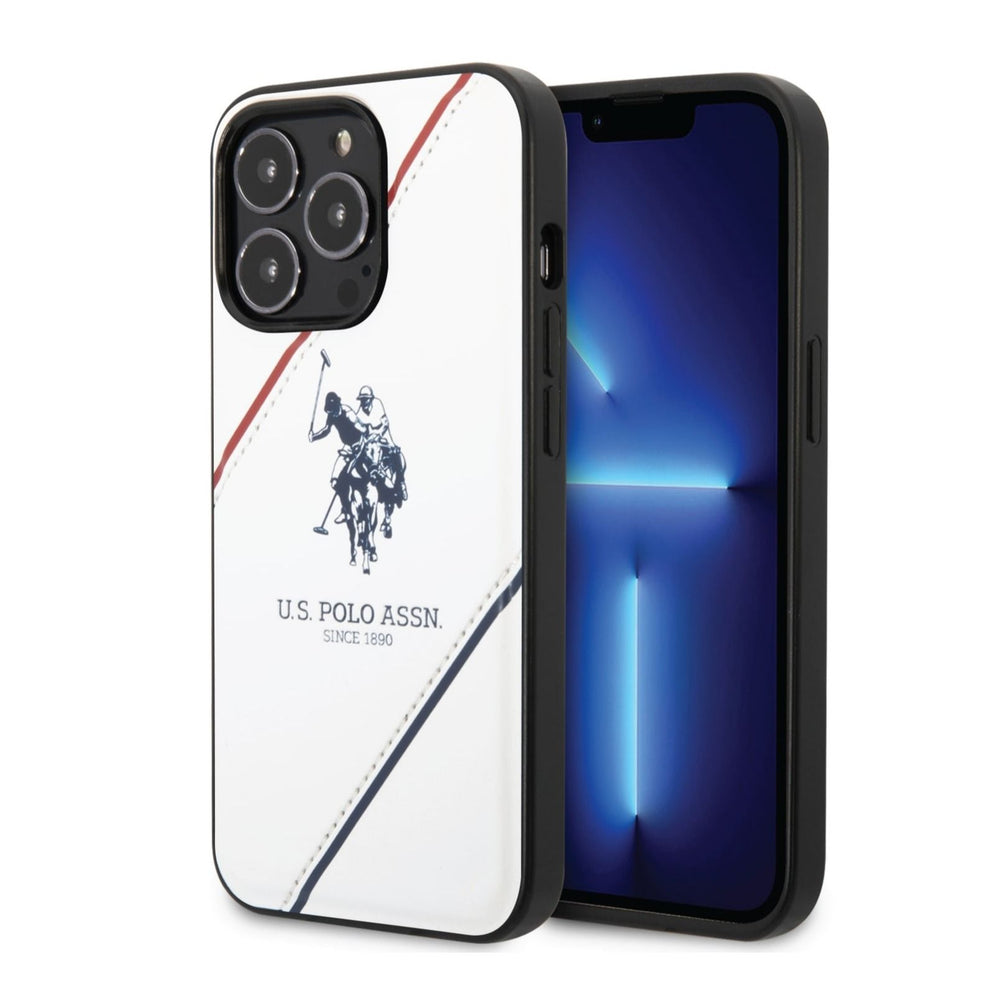 USPA iPhone 14 Pro Max PU Leather Case With Embossed Double Line & Horse Logo, Full Protection, Easy Snap-On & Slim Profile - White