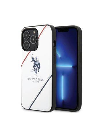 USPA iPhone 14 Pro Max PU Leather Case With Embossed Double Line & Horse Logo, Full Protection, Easy Snap-On & Slim Profile - White