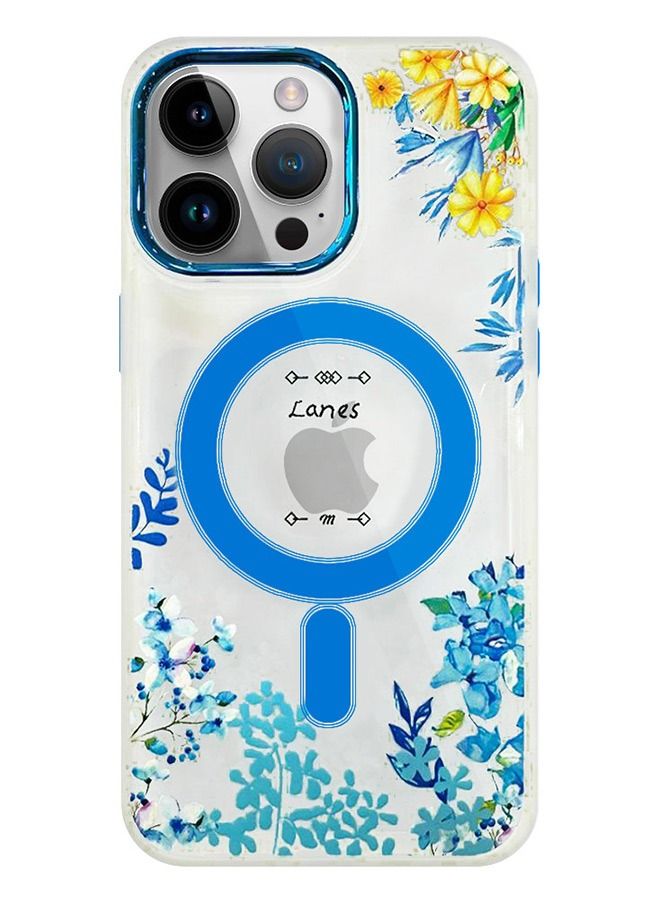 Case for Apple iPhone 14 PRO Romantique Floral Design Fashion Flower Compatible with MagSafe & Wireless Charging Cover BLUE