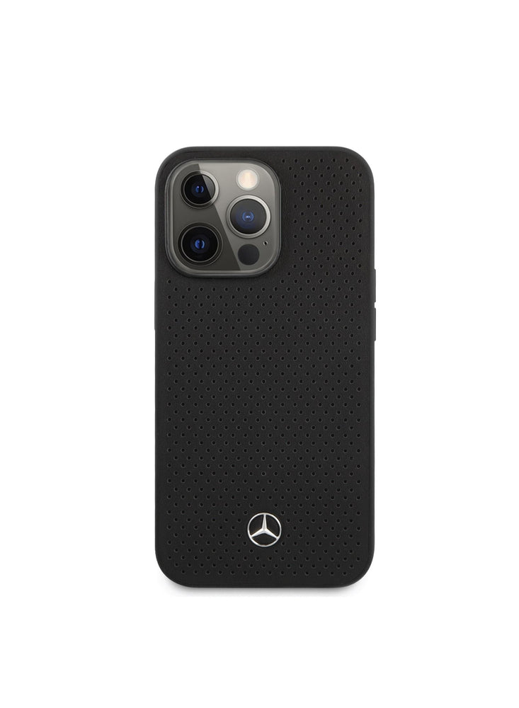 Mercedes-Benz iPhone 14 Pro Max Genuine Leather Hard Case With Perforated Metal Star Logo, Scratch & Drop Protection, Easy Snap-On, Slim Profile - Black