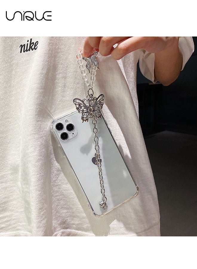 Girls Women Beautiful Elegant Butterfly Transparent Soft Silicone Rubber Phone Case for iPhone 15 Pro Max +Metal Butterfly Strap Bracelet Chain Lanyard Full Body Strong Protection