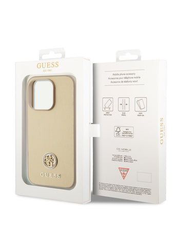 Guess PU Case with Metal 4G Strass Logo for iPhone 15 Promax - Gold