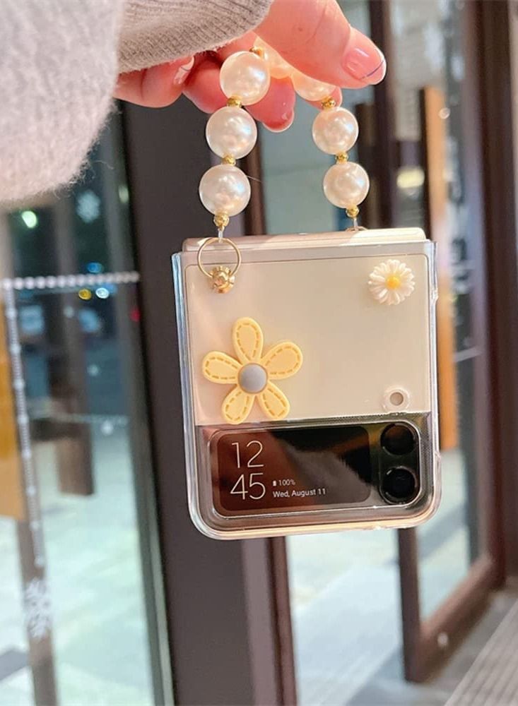 Cute Case for Samsung Galaxy Z Flip 4 with Strap, Fashion Flower Case for Galaxy Z Flip 4 5G Protective Girls Case with Pearl Chain, Hard PC Case for Z Flip 4 Clear Case with Lanyard