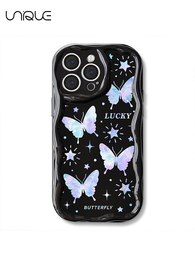 For iPhone 15 Pro Max Phone Case - Laser Butterfly Phone Case - TPU Protective Case - Shockproof Ultra Thin Phone Case Female Girl, Black / With Lanyard