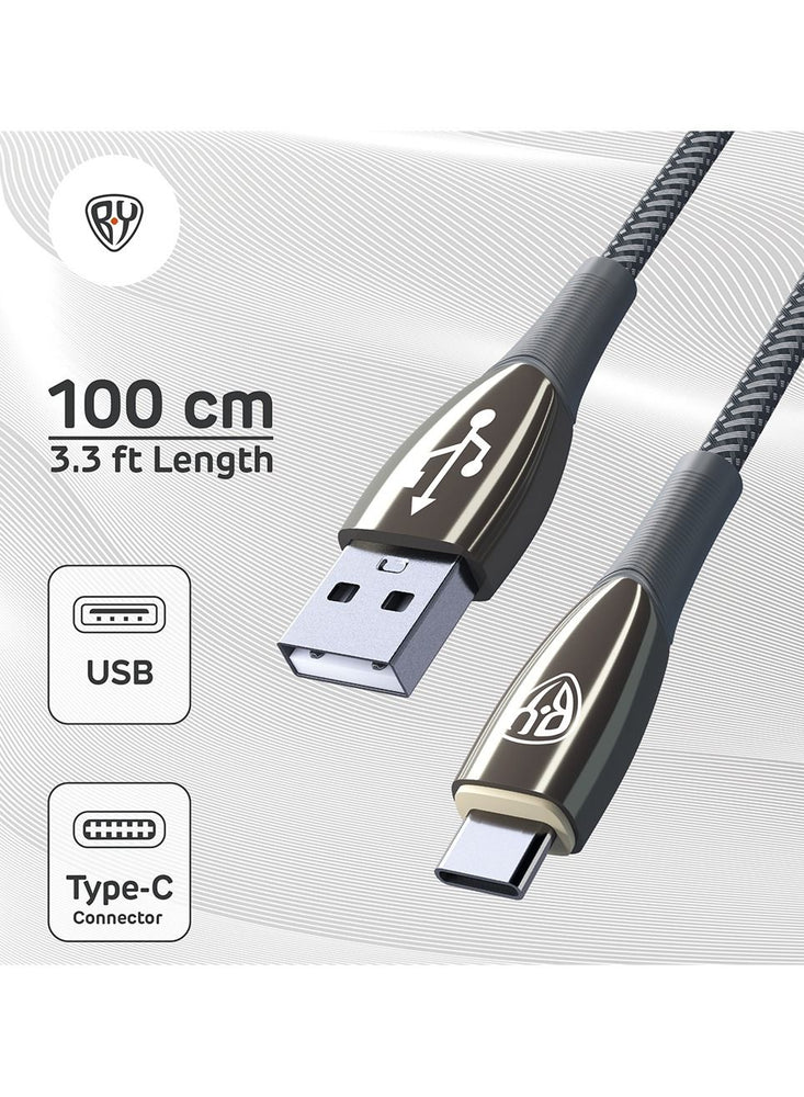 USB C Cable 1M 3A Fast Charging Cable QC3.0 Type C USB Data Transfer Metal Glossy Plug with LED and Strong Cevlar Braid Grey Colour