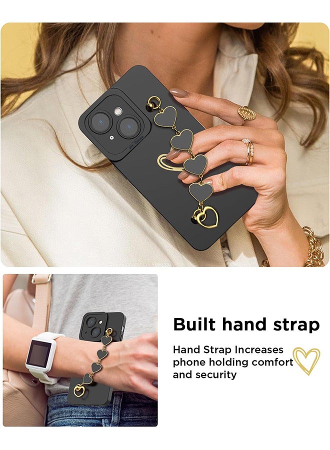 Compatible With iPhone 15 Case For Women With Full Camera Lens Protection And Hand Strip Loop, Silicone Heart Girly Lovely Side Soft Slim Shockproof Protective Cover Black