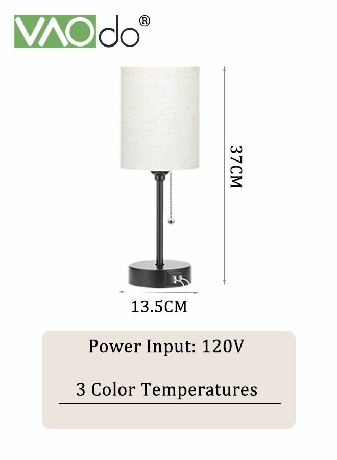 Bedroom Lamps 3 Color Temperatures with USB C and A Ports Pull Chain Table Lamps with AC Outlet White Nightstand Lamps with Black Metal Base for Kids Reading