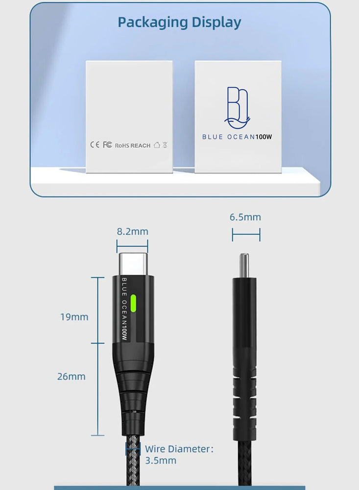 BLUE OCEAN USB C Cable 60-100W PD 5A QC Fast Charging With LED Display 480Mbps Data Cable, Nylon Braided Type C Data Cord Compatible for iPad, MacBook Pro Air Samsung S22 & Android, 2Mtrs