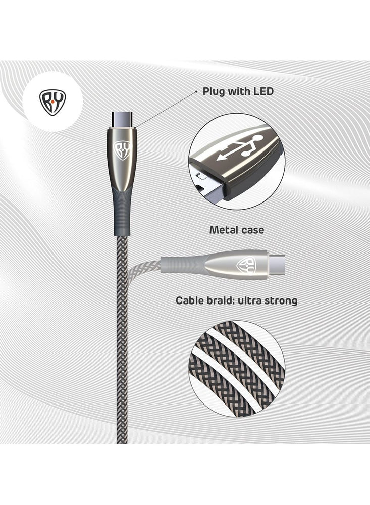 USB C Cable 1M 3A Fast Charging Cable QC3.0 Type C USB Data Transfer Metal Glossy Plug with LED and Strong Cevlar Braid Grey Colour