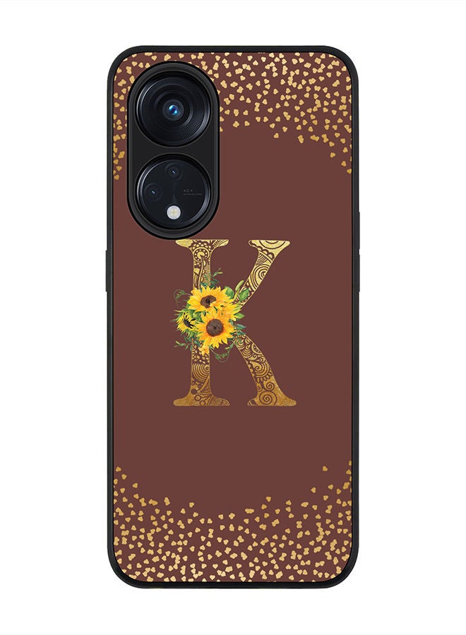 Rugged Black edge case for Reno 8T 5G / Oppo A1 Pro 5G Slim fit Soft Case Flexible Rubber Edges Anti Drop TPU Gel Thin Cover - Custom Monogram Letter Floral Pattern Alphabet - K (Brown)