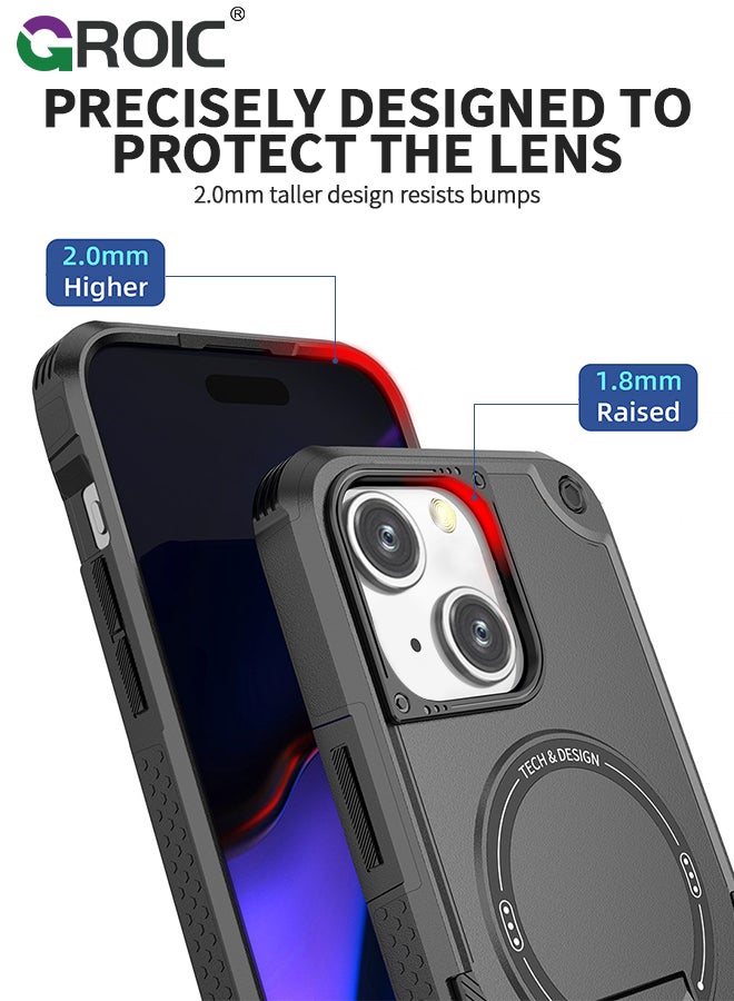 Case for iPhone 15 6.1 Inch Case with 1 Pack Camera Lens Protector, Built-in Stand [Compatible with MagSafe] Shockproof Vertical and Horizontal Kickstand Phone Case for iPhone 15