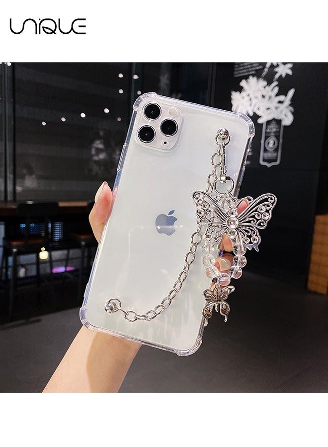 Girls Women Beautiful Elegant Butterfly Transparent Soft Silicone Rubber Phone Case for iPhone 15 Pro Max +Metal Butterfly Strap Bracelet Chain Lanyard Full Body Strong Protection